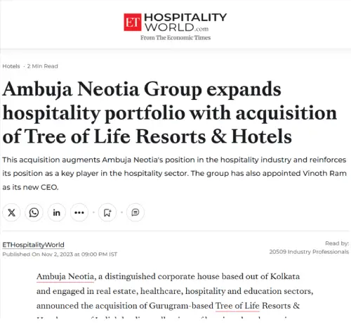 Ambuja Neotia Group expands hospitality portfolio with acquisition of Tree of Life Resorts & Hotels