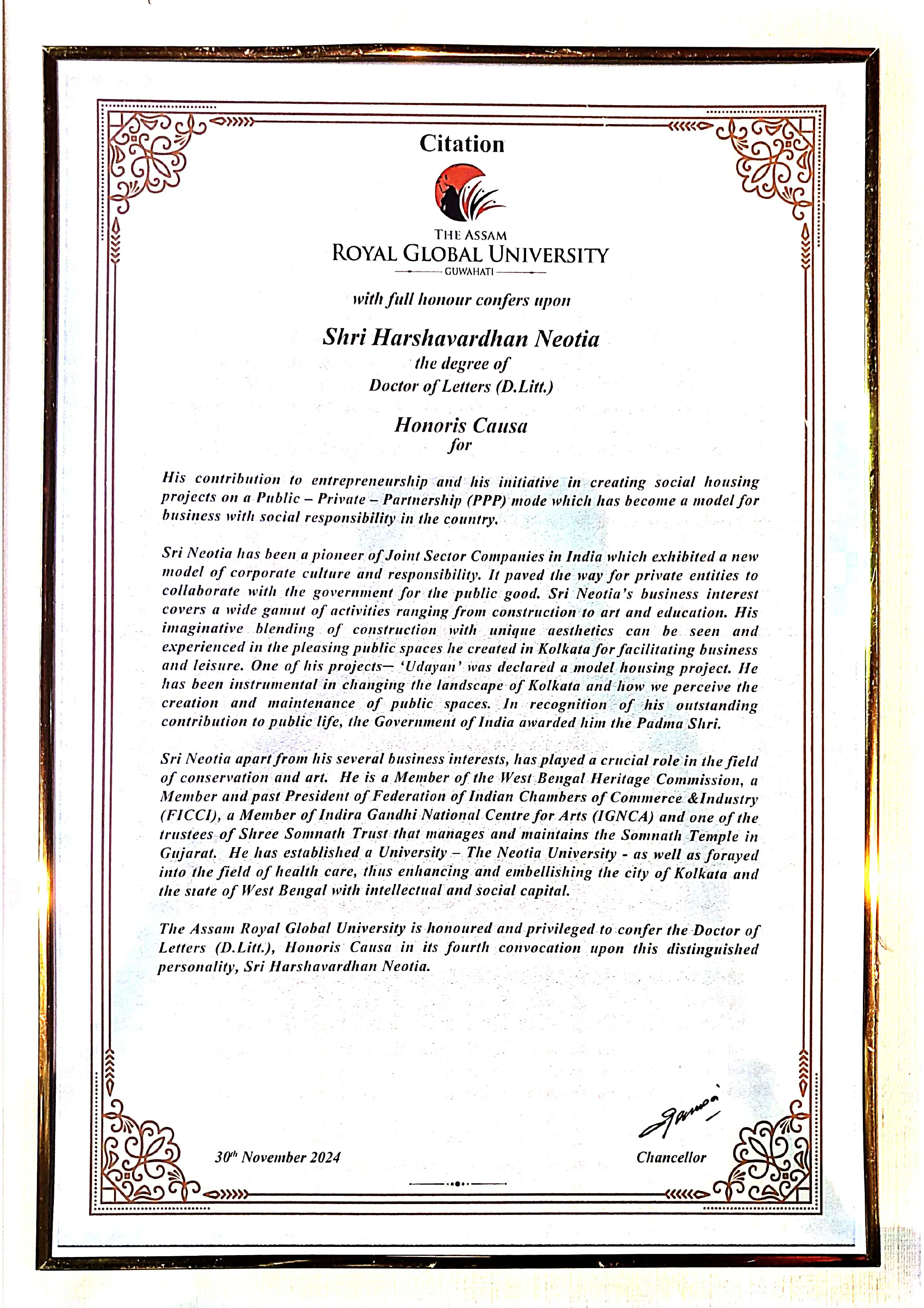Doctor of Letters (D.Litt) from Royal Global University